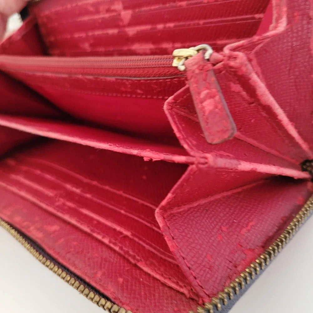 Coach Signature Accordion Zip Wallet Charcoal Red Leather Trim Studded F54007